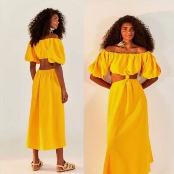 FARM RIO OFF THE SHOULDER KNOTTED CUTOUT MARIGOLD YELLOW MIDI DRESS MEDIUM - Picture 4 of 14